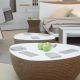 Tables basses éco-design STONE Staygreen, modèles 63 x 72 cm et 90 x 77 cm, coloris kraft naturel, plateau MDF blanc