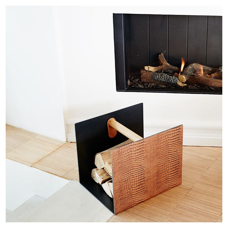 Porte-revues porte bûches cuir Croco cognac, intérieur alu anthracite CONTAINER Lind DNA