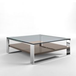 Table basse carrée SOLEO Kendo, structure chomée, étagère laque brillante taupe
