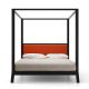 Lit baldaquin contemporain king size en chêne massif teinté ébène BREDA Punt, tête de lit tissu mandarine