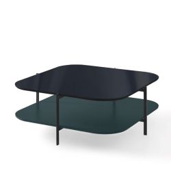 Table basse carrée 120 x 120 cm EXO Kendo, plateau verre noir et tablette océan