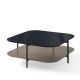 Table basse carrée 120 x 120 cm EXO Kendo, plateau verre noir et tablette taupe