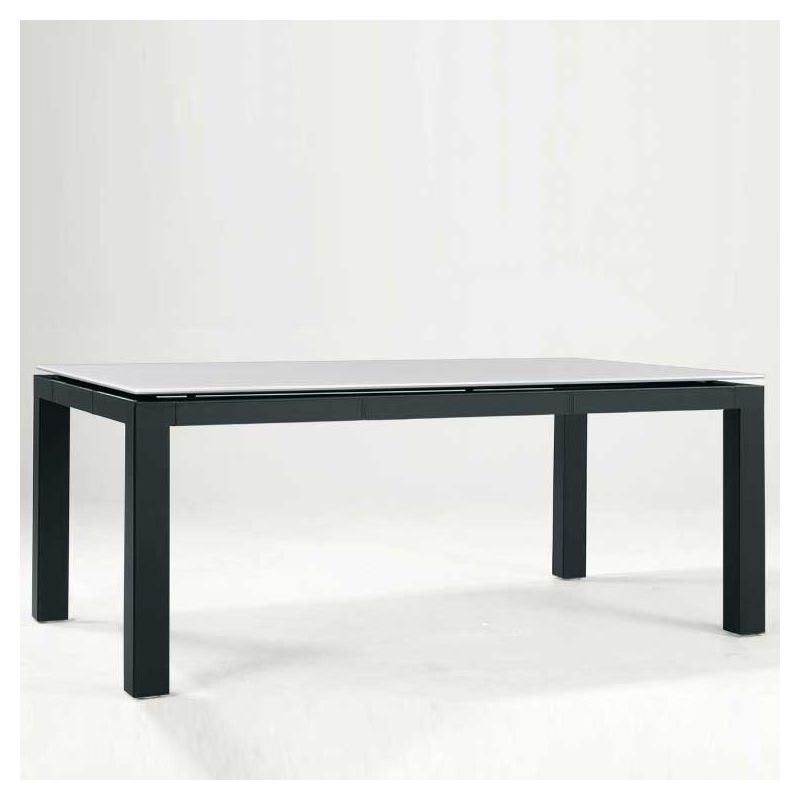 Table rectangulaire ABACO largeur 100 cm pieds cuir anthracite Enrico Pellizzoni, plateau verre blanc