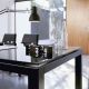 Table-Bureau rectangulaire ABACO Enrico Pellizzoni, châssis cuir noir, plateau verre noir