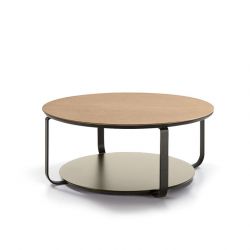 Table basse CLIK Ø 100 cm plateau chêne naturel, base laqué taupe, piètement laqué graphite Kendo