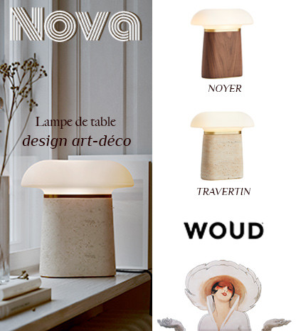 Lampe de table NOVA verre opale et base noyer ou travertin Woud